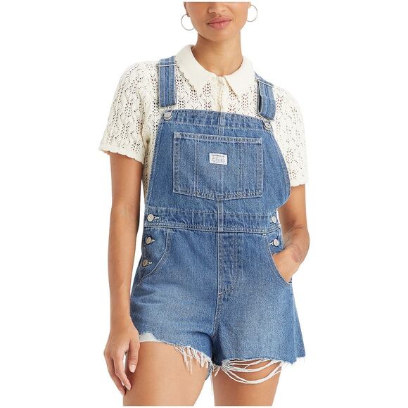 Levi's Utility Denim Shortalls Dark Wash Large Retro Look Distressed - Picture 1 of 8